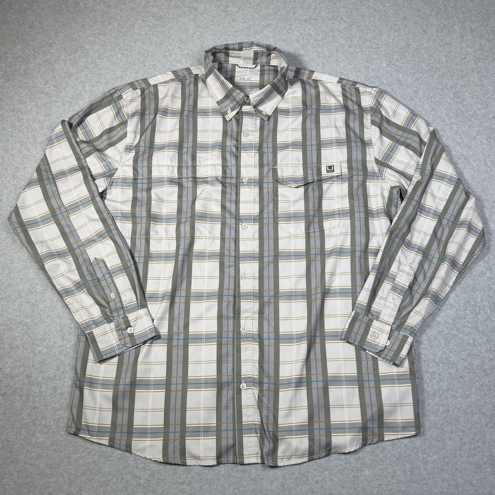 Huk Tide Point Latitude Button Up Shirt Men's XL Gray Plaid Perforated Roll Tabs